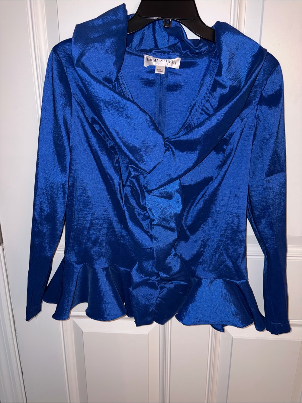 Emma Street Royal Blue Satin Ruffle Peplum Blouse